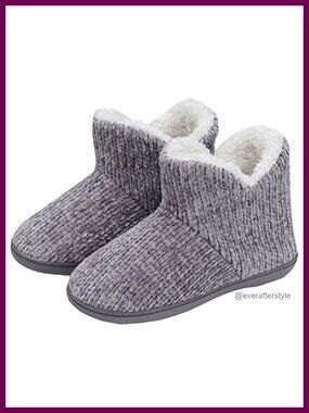Warm Chenille Bootie Slippers Fuzzy Plush Lined Memory Foam Non-Slip Indoor